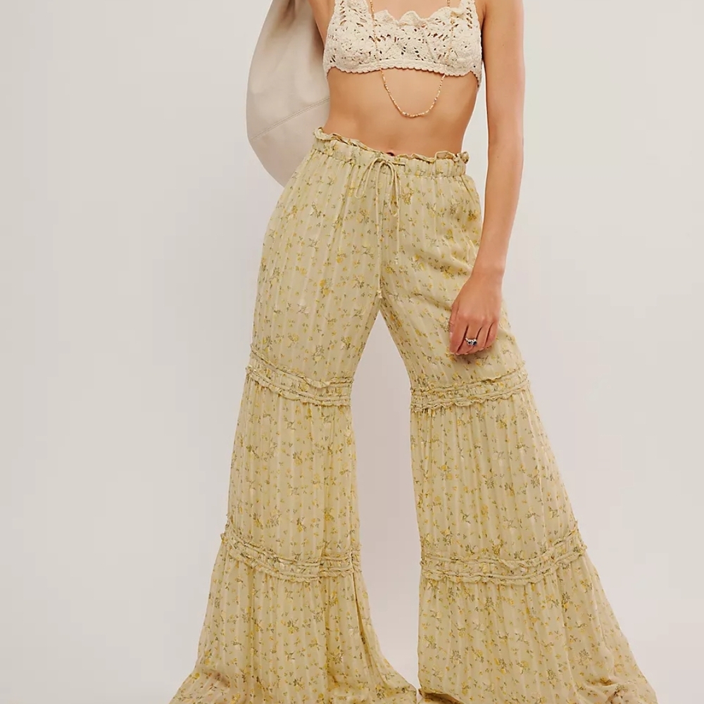 Free People Yellow Floral Wide Leg Tiered Pants